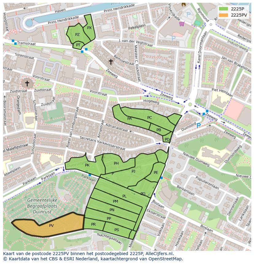 Afbeelding van het postcodegebied 2225 PV op de kaart.