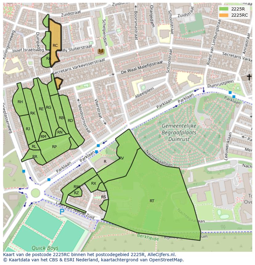 Afbeelding van het postcodegebied 2225 RC op de kaart.