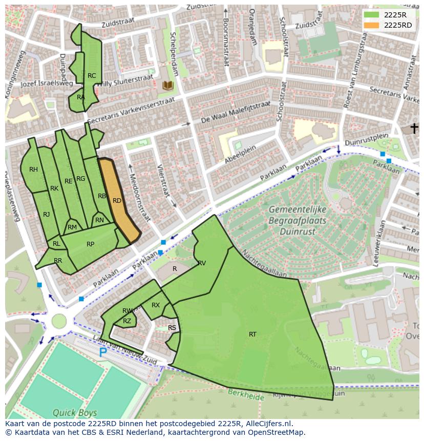 Afbeelding van het postcodegebied 2225 RD op de kaart.