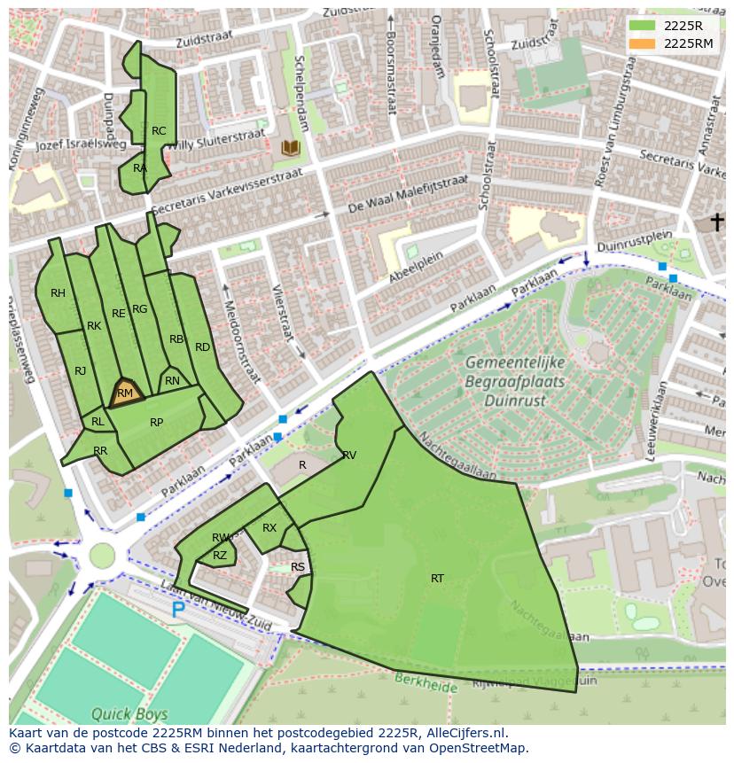 Afbeelding van het postcodegebied 2225 RM op de kaart.