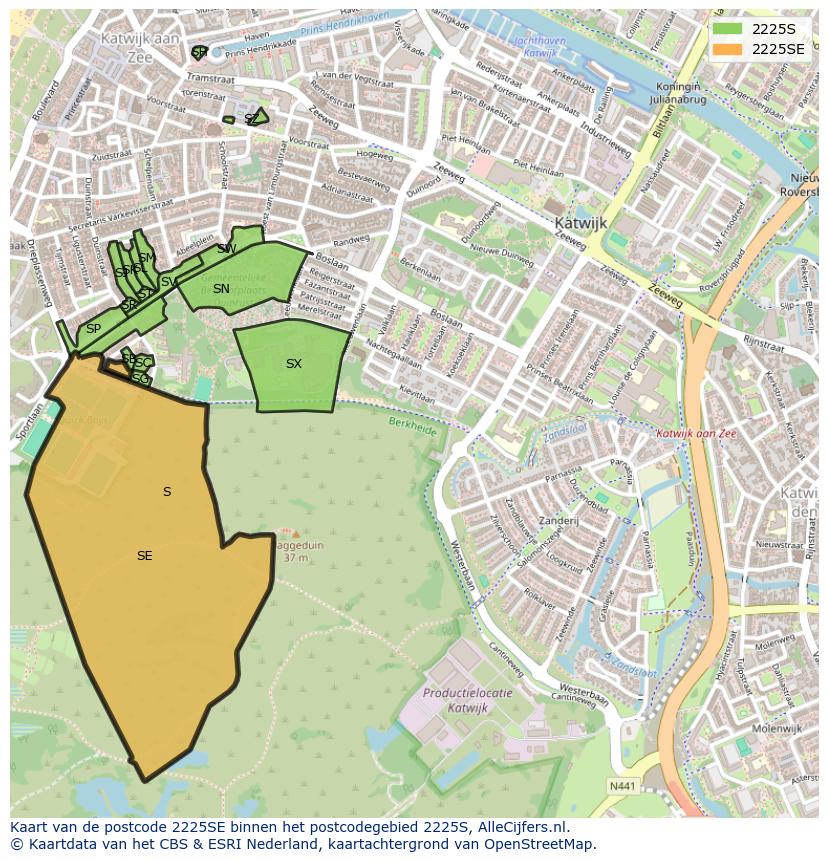 Afbeelding van het postcodegebied 2225 SE op de kaart.
