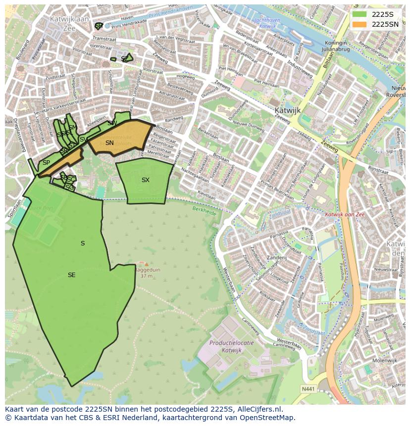 Afbeelding van het postcodegebied 2225 SN op de kaart.