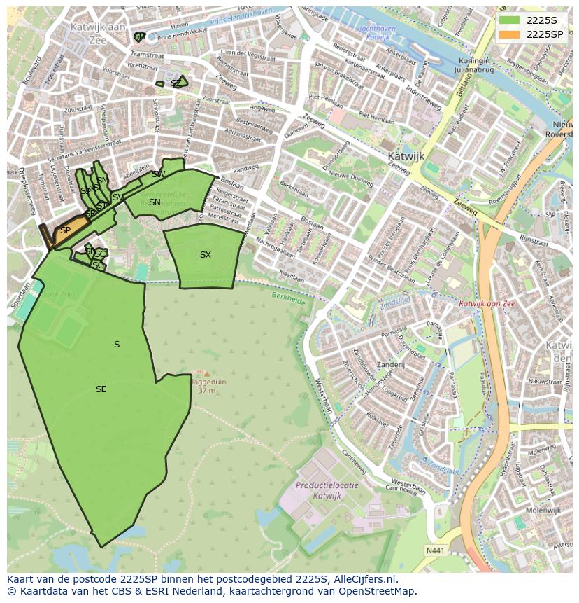 Afbeelding van het postcodegebied 2225 SP op de kaart.