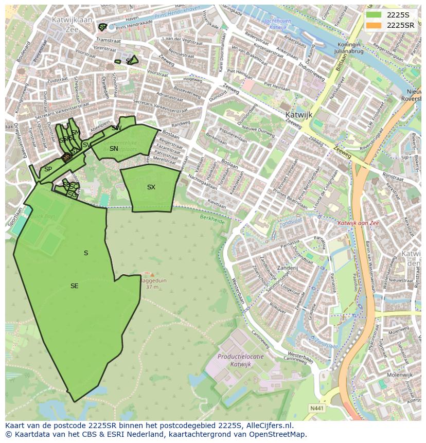 Afbeelding van het postcodegebied 2225 SR op de kaart.