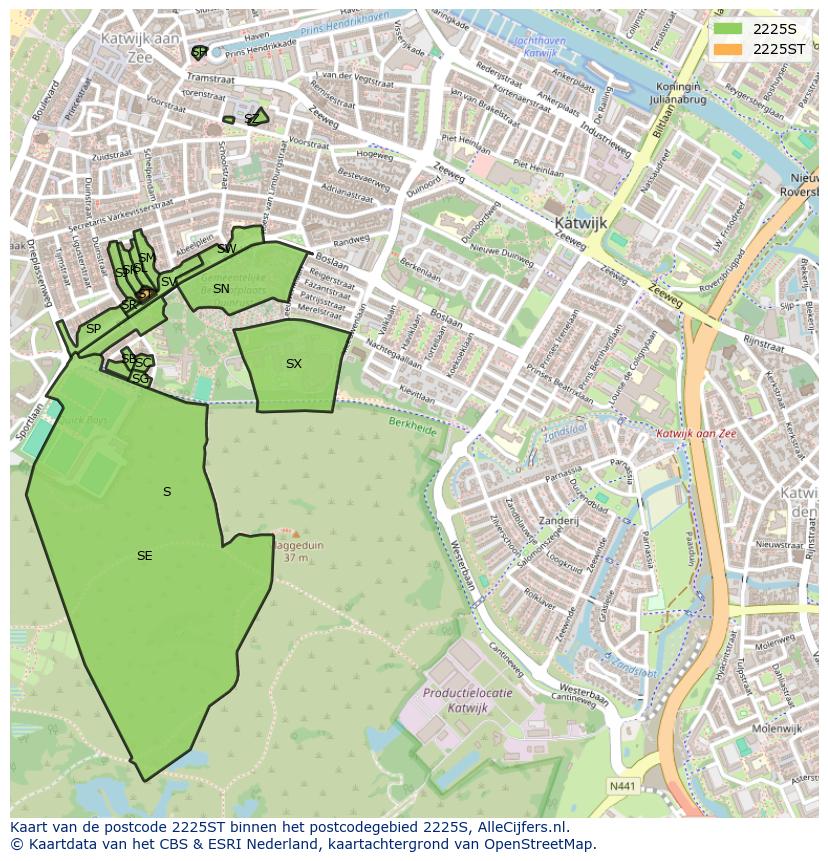 Afbeelding van het postcodegebied 2225 ST op de kaart.