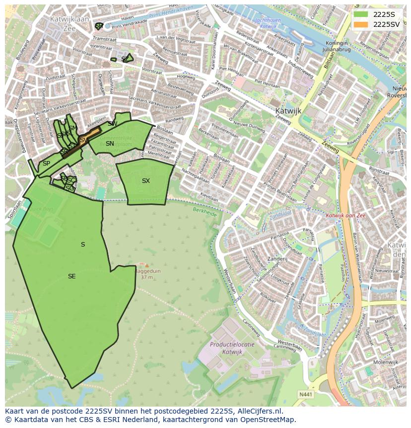 Afbeelding van het postcodegebied 2225 SV op de kaart.