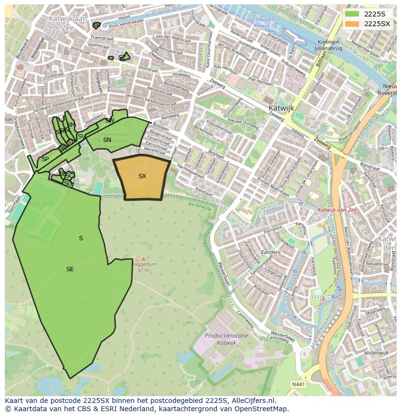 Afbeelding van het postcodegebied 2225 SX op de kaart.