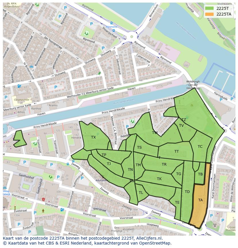 Afbeelding van het postcodegebied 2225 TA op de kaart.