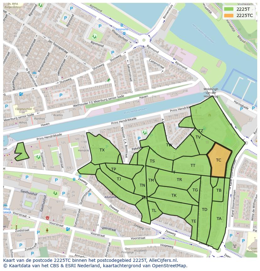 Afbeelding van het postcodegebied 2225 TC op de kaart.