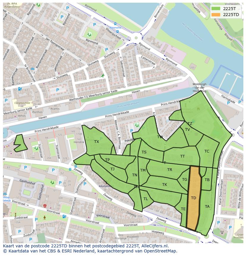 Afbeelding van het postcodegebied 2225 TD op de kaart.