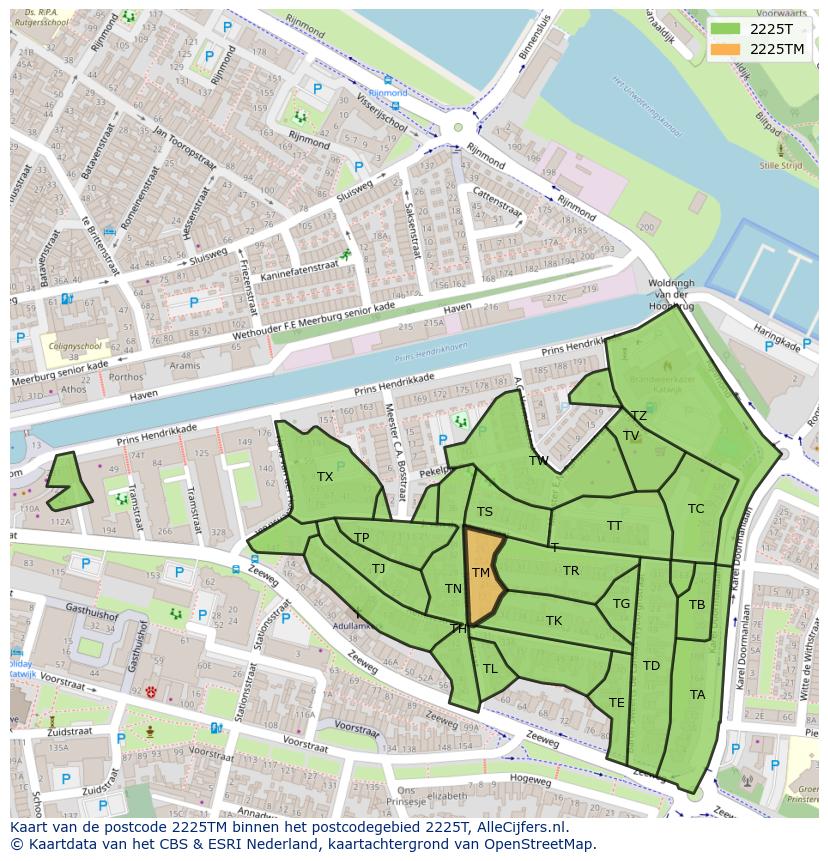 Afbeelding van het postcodegebied 2225 TM op de kaart.
