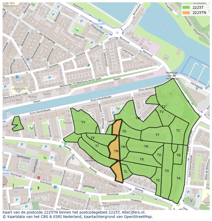 Afbeelding van het postcodegebied 2225 TN op de kaart.