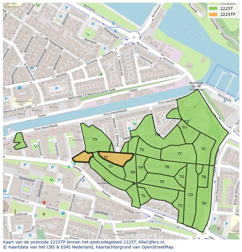 Afbeelding van het postcodegebied 2225 TP op de kaart.