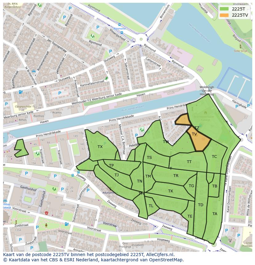 Afbeelding van het postcodegebied 2225 TV op de kaart.