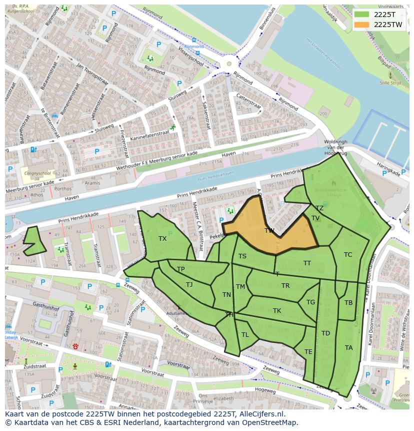 Afbeelding van het postcodegebied 2225 TW op de kaart.