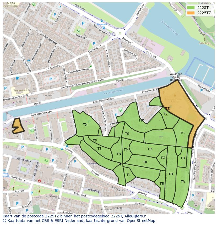 Afbeelding van het postcodegebied 2225 TZ op de kaart.