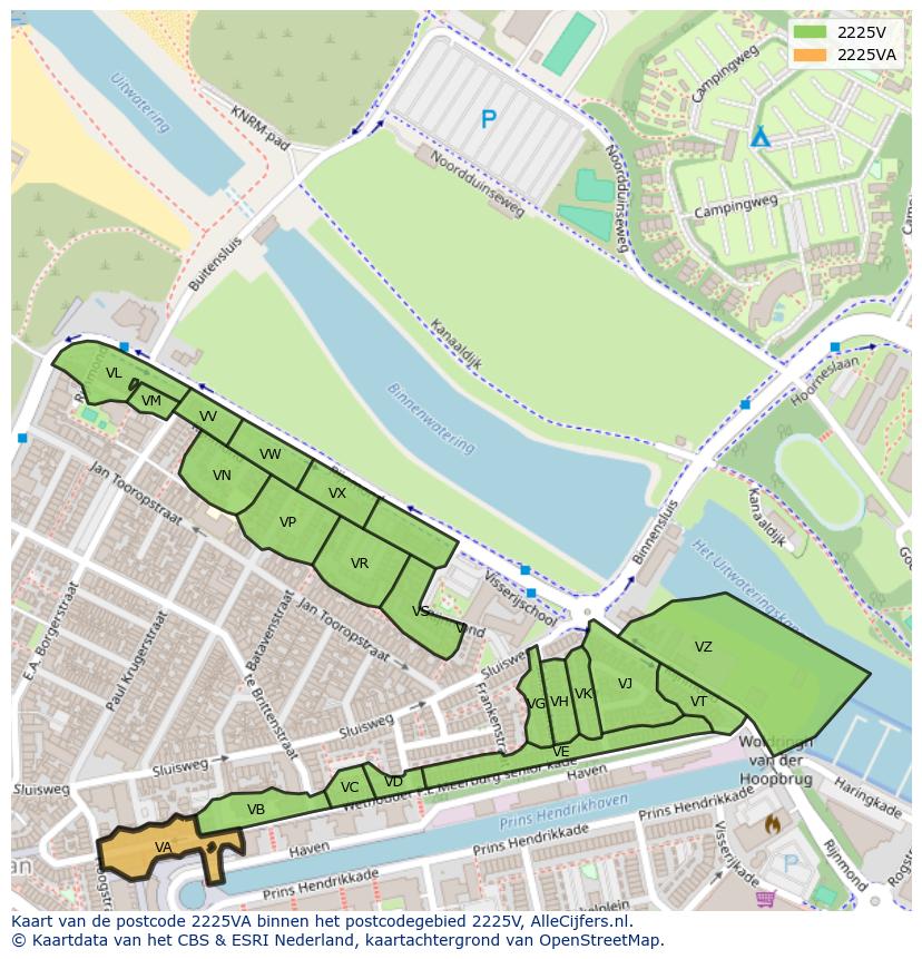Afbeelding van het postcodegebied 2225 VA op de kaart.