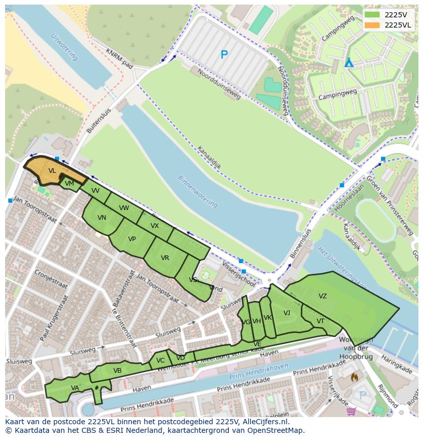 Afbeelding van het postcodegebied 2225 VL op de kaart.