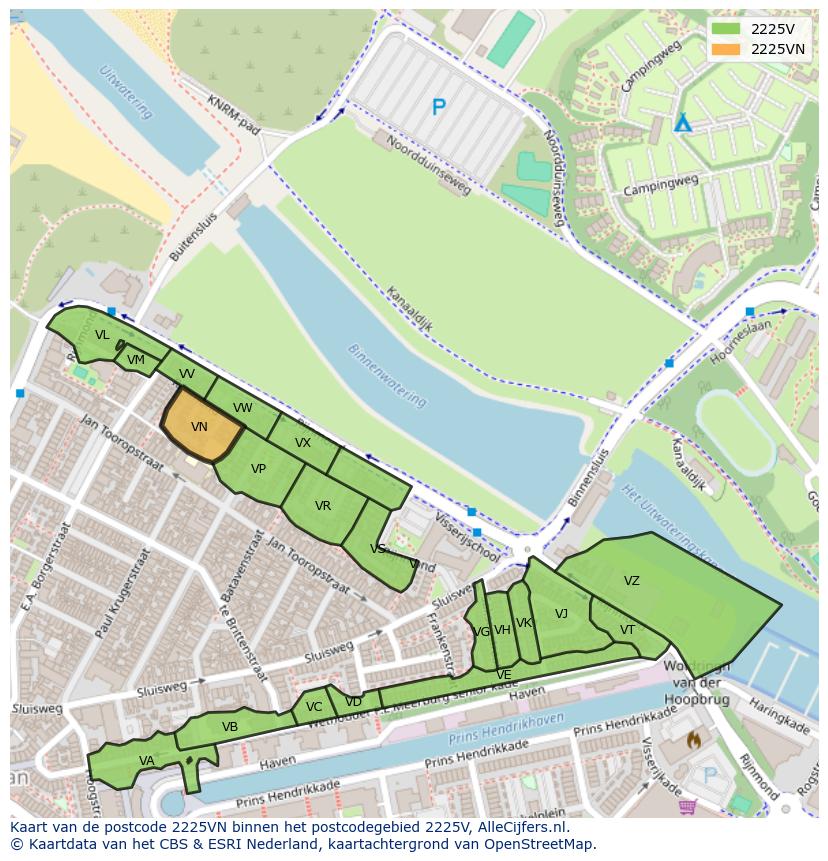 Afbeelding van het postcodegebied 2225 VN op de kaart.