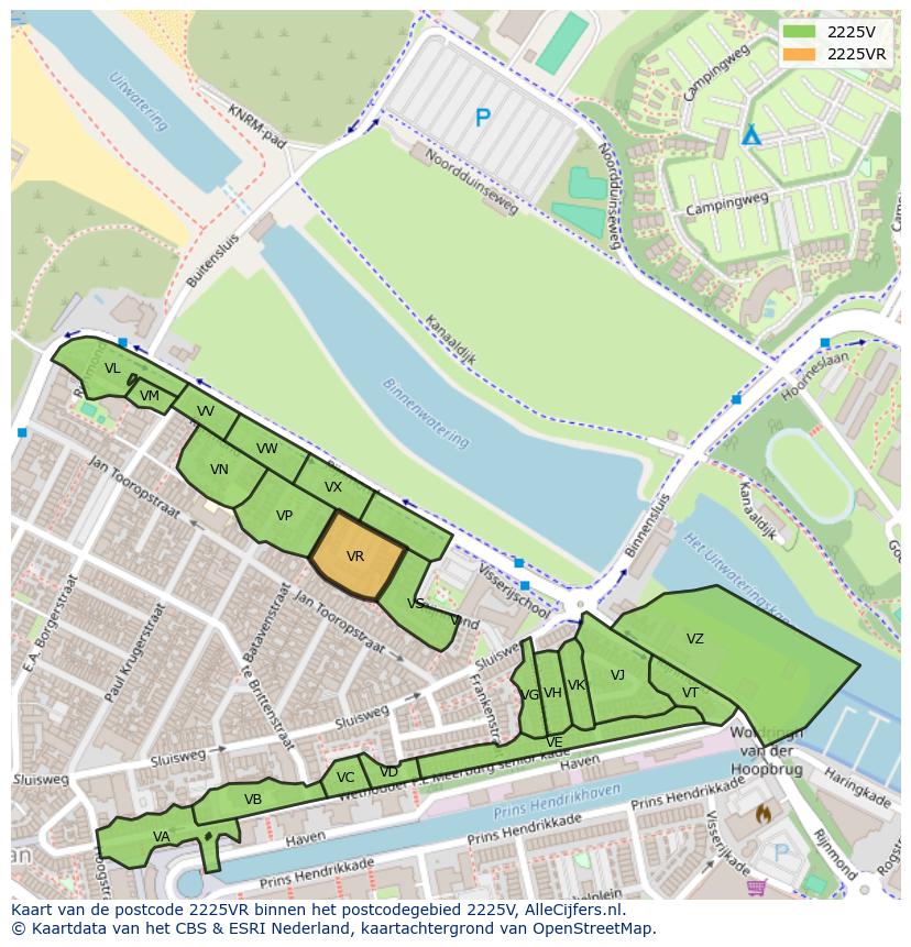 Afbeelding van het postcodegebied 2225 VR op de kaart.