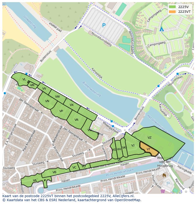 Afbeelding van het postcodegebied 2225 VT op de kaart.