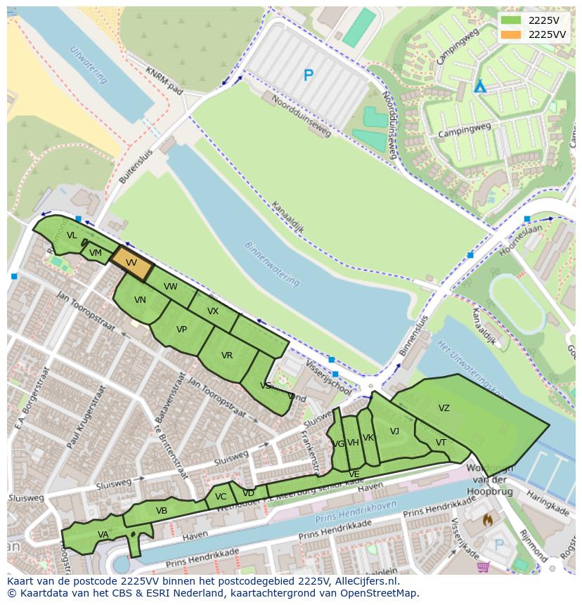 Afbeelding van het postcodegebied 2225 VV op de kaart.