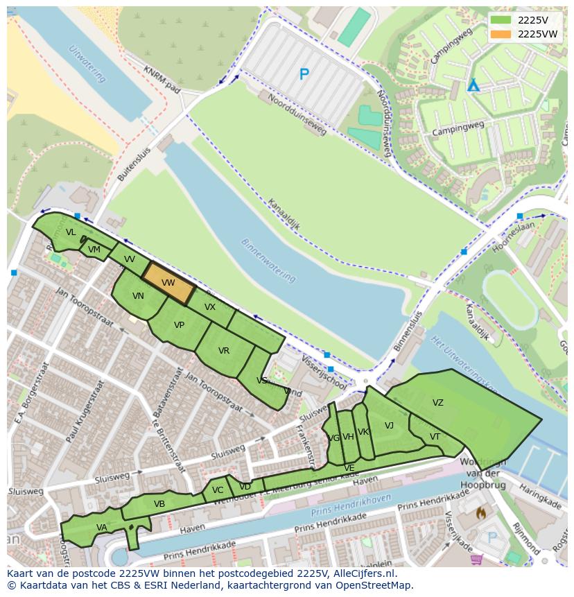 Afbeelding van het postcodegebied 2225 VW op de kaart.