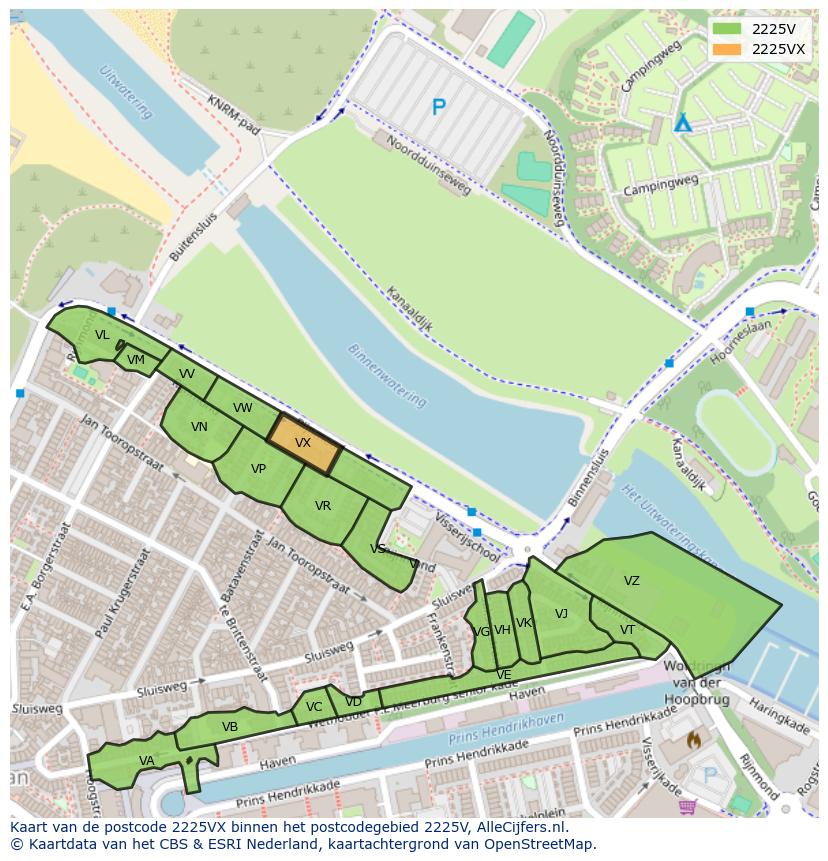 Afbeelding van het postcodegebied 2225 VX op de kaart.