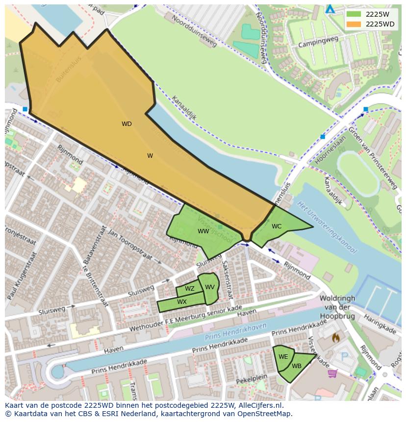 Afbeelding van het postcodegebied 2225 WD op de kaart.