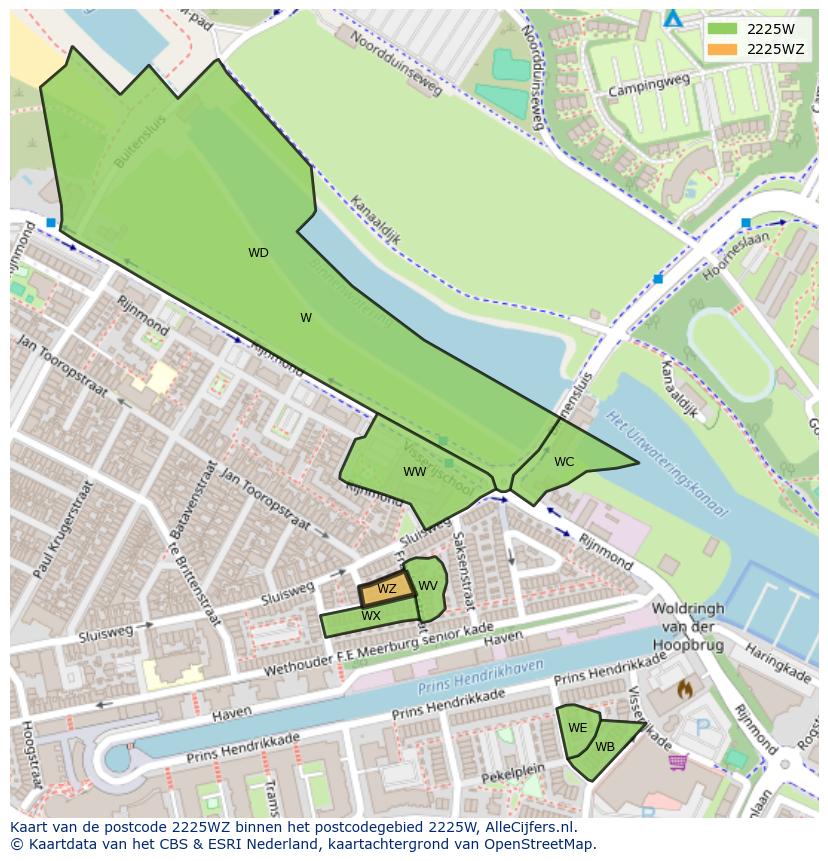 Afbeelding van het postcodegebied 2225 WZ op de kaart.