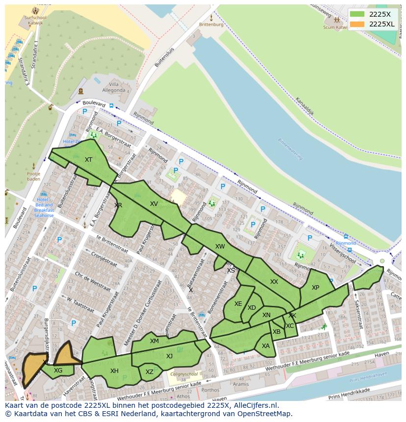 Afbeelding van het postcodegebied 2225 XL op de kaart.
