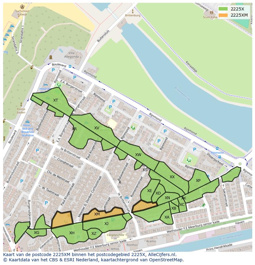 Afbeelding van het postcodegebied 2225 XM op de kaart.