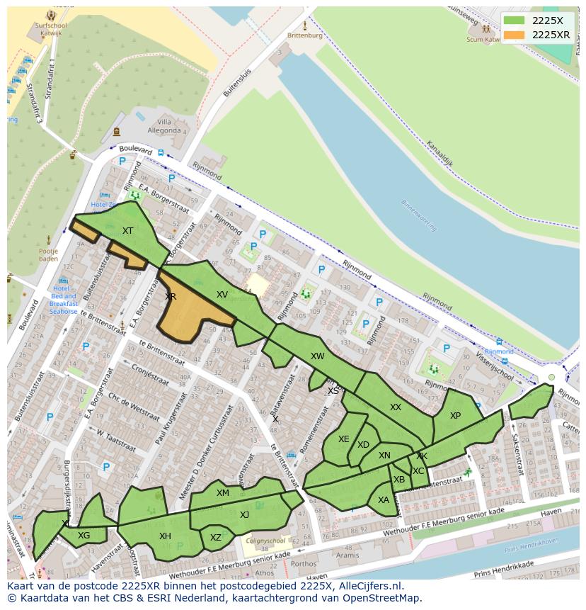 Afbeelding van het postcodegebied 2225 XR op de kaart.