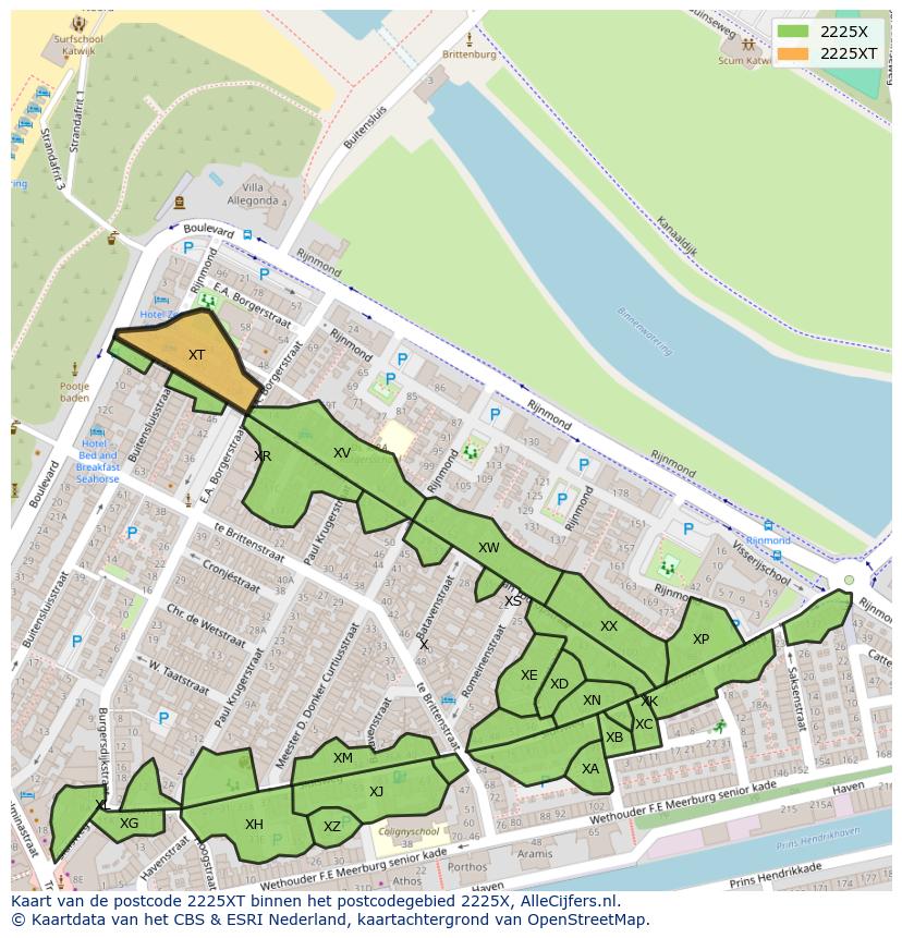 Afbeelding van het postcodegebied 2225 XT op de kaart.
