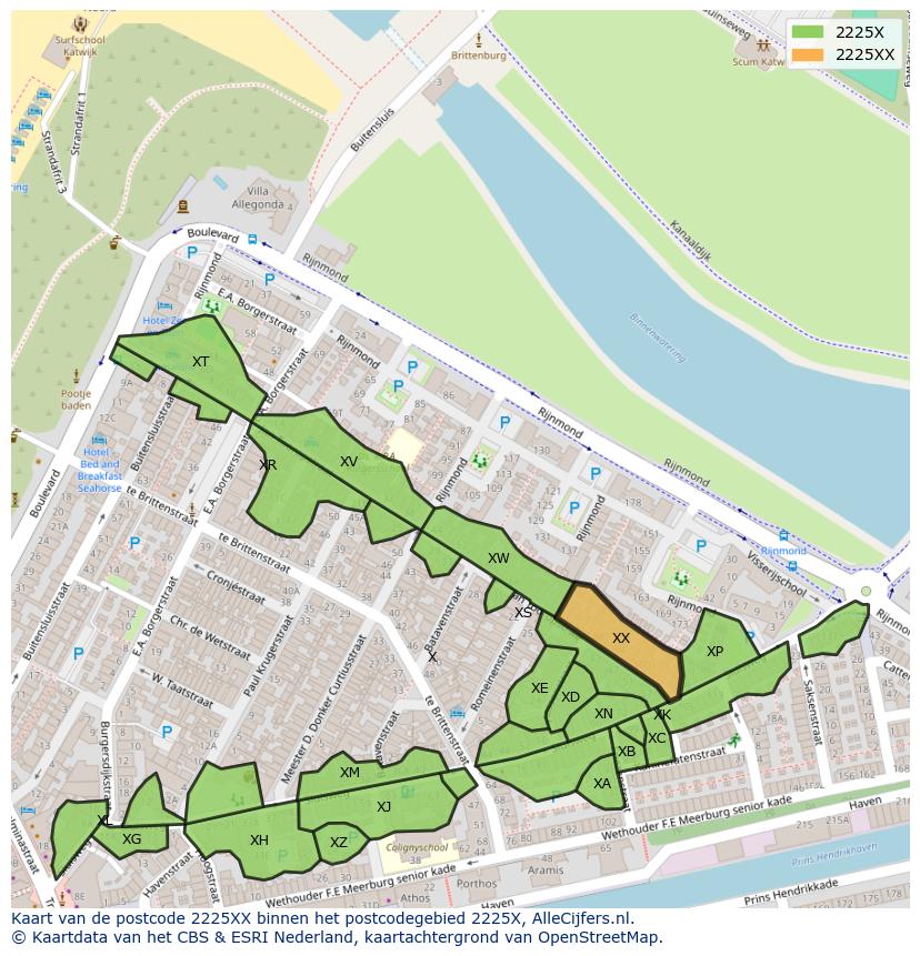 Afbeelding van het postcodegebied 2225 XX op de kaart.