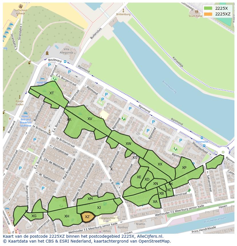 Afbeelding van het postcodegebied 2225 XZ op de kaart.