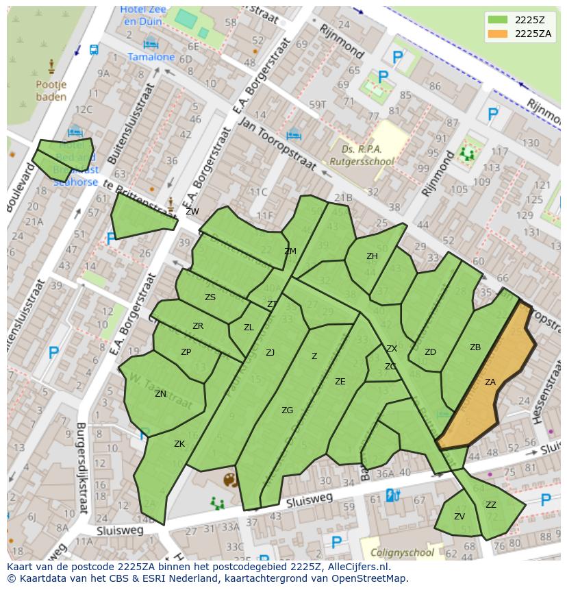 Afbeelding van het postcodegebied 2225 ZA op de kaart.