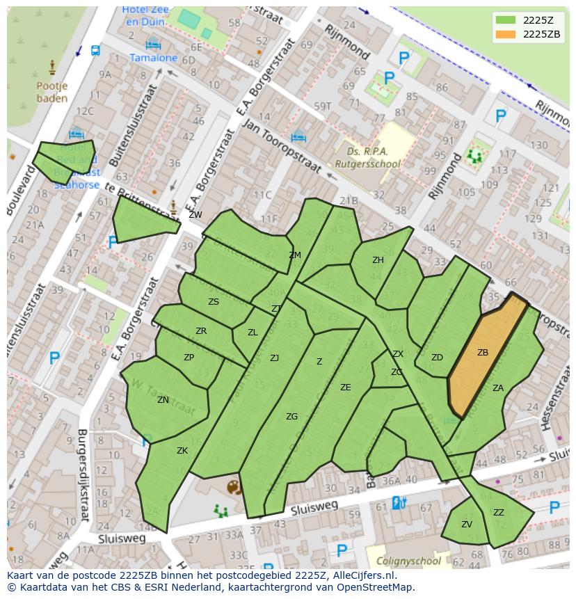 Afbeelding van het postcodegebied 2225 ZB op de kaart.