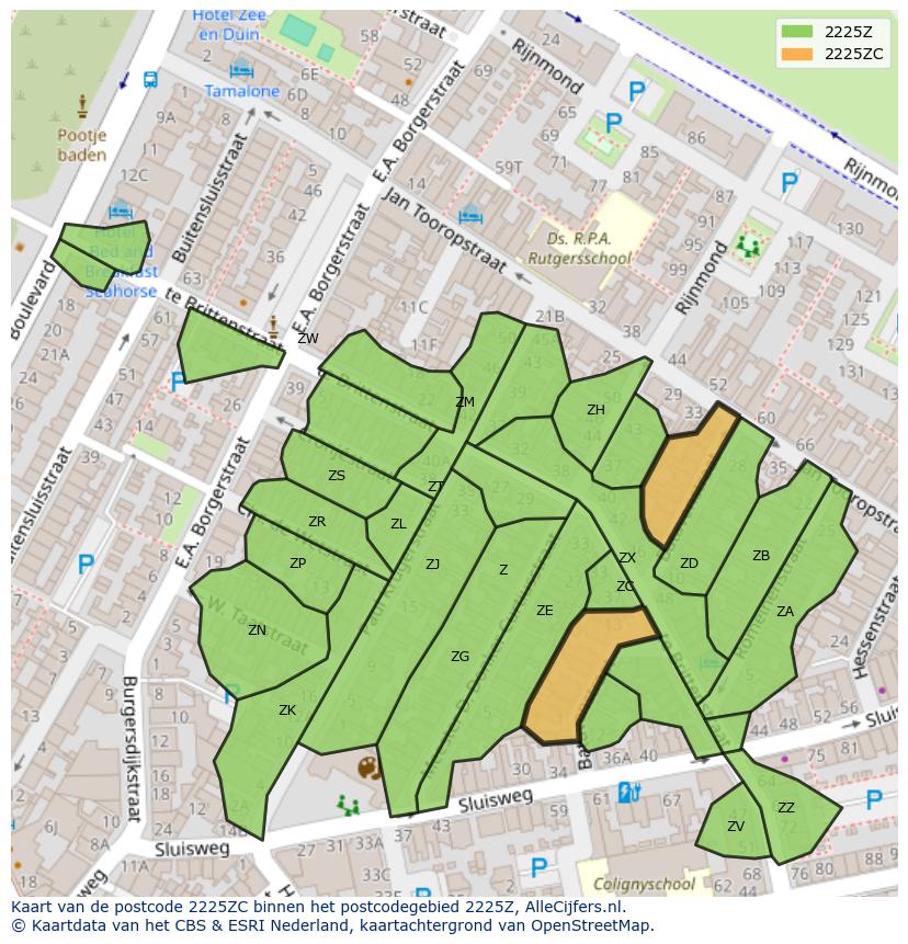 Afbeelding van het postcodegebied 2225 ZC op de kaart.