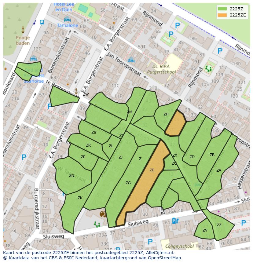 Afbeelding van het postcodegebied 2225 ZE op de kaart.