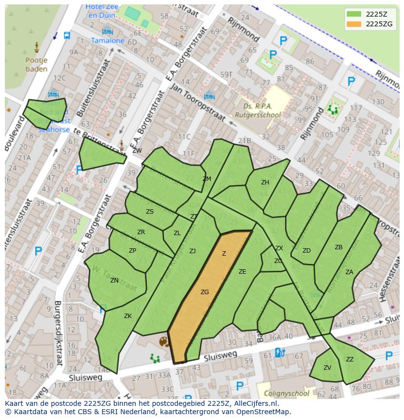 Afbeelding van het postcodegebied 2225 ZG op de kaart.