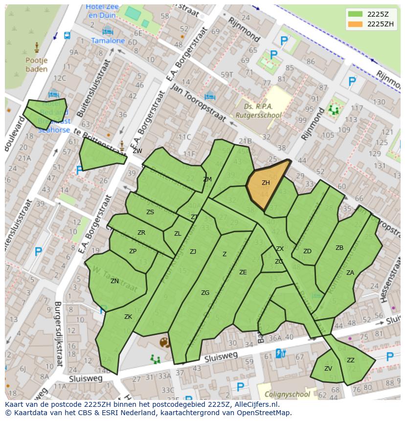 Afbeelding van het postcodegebied 2225 ZH op de kaart.