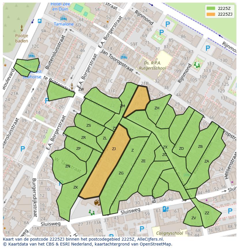 Afbeelding van het postcodegebied 2225 ZJ op de kaart.