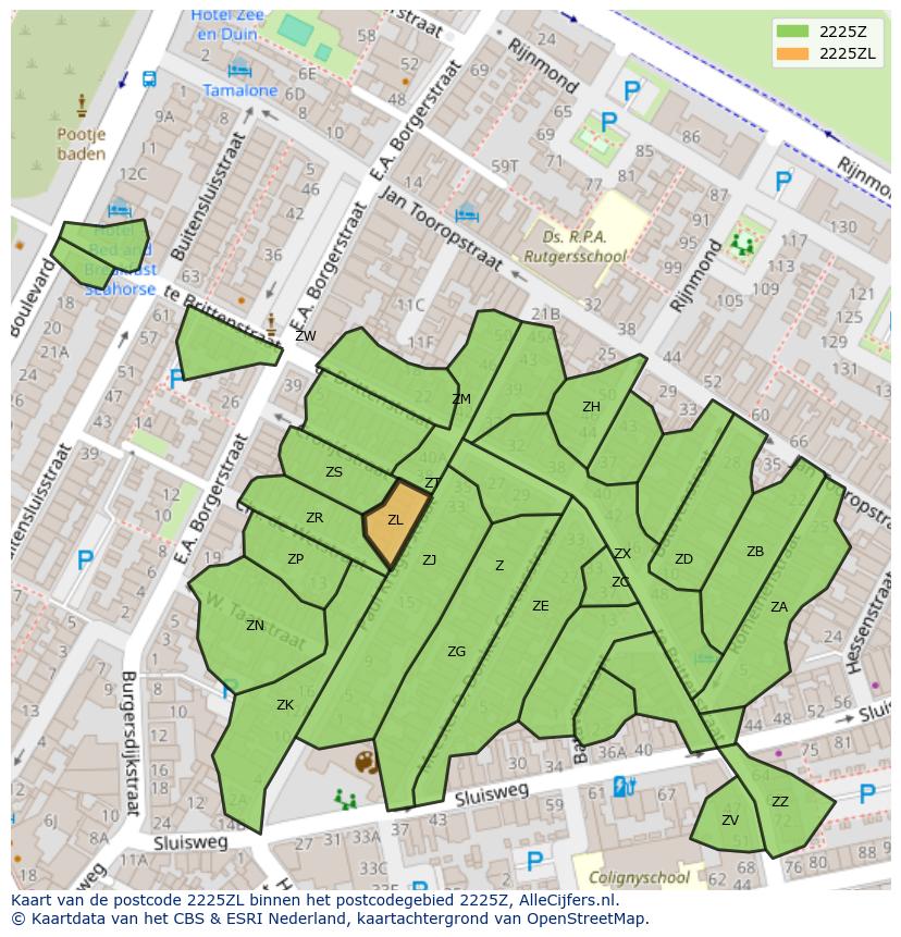 Afbeelding van het postcodegebied 2225 ZL op de kaart.