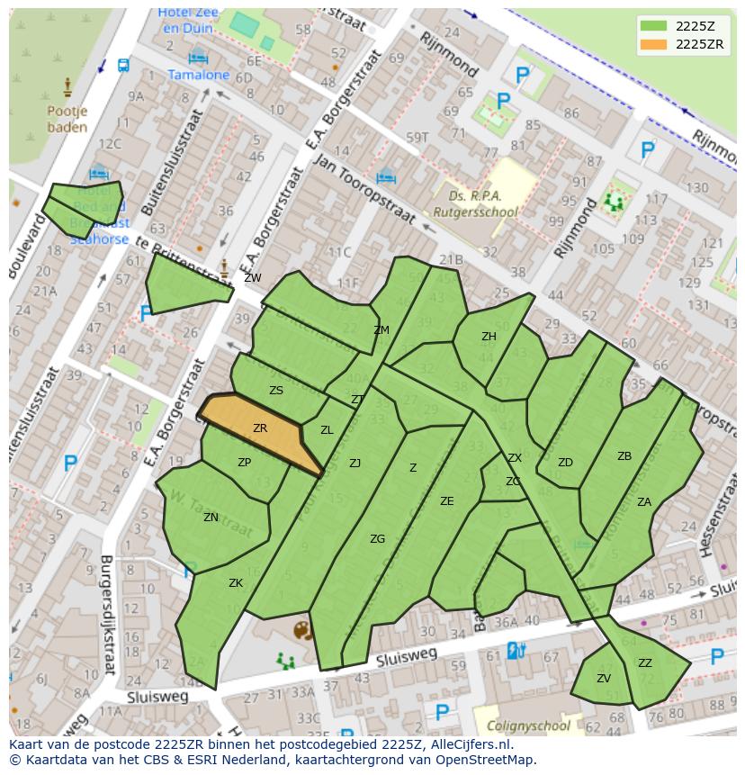 Afbeelding van het postcodegebied 2225 ZR op de kaart.