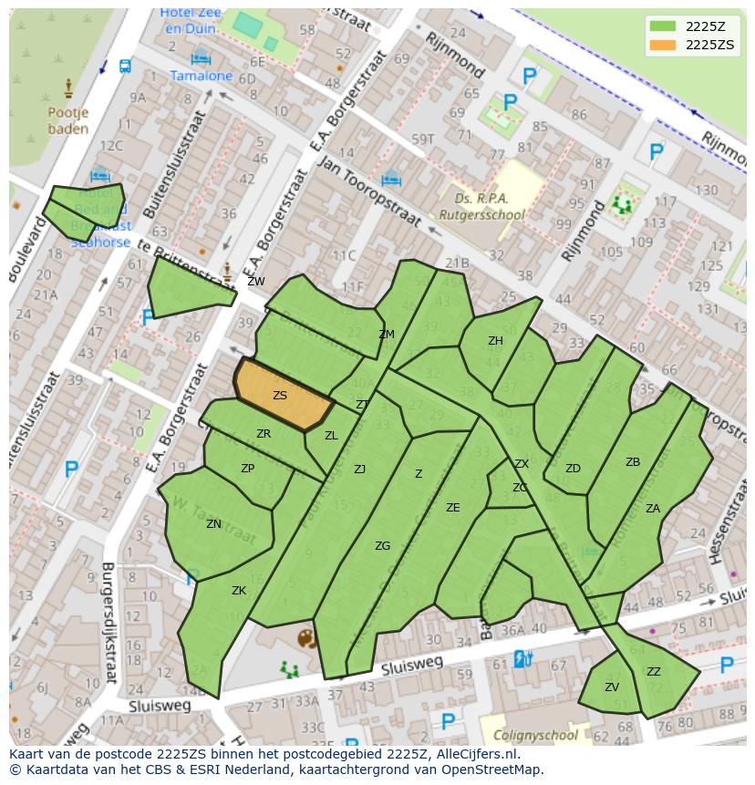 Afbeelding van het postcodegebied 2225 ZS op de kaart.