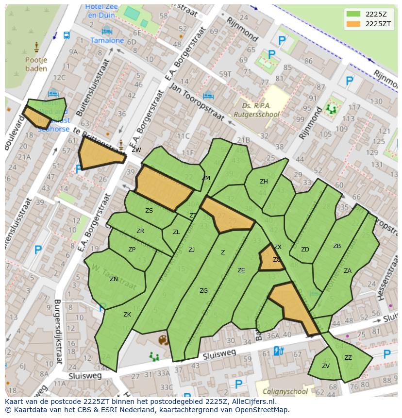 Afbeelding van het postcodegebied 2225 ZT op de kaart.