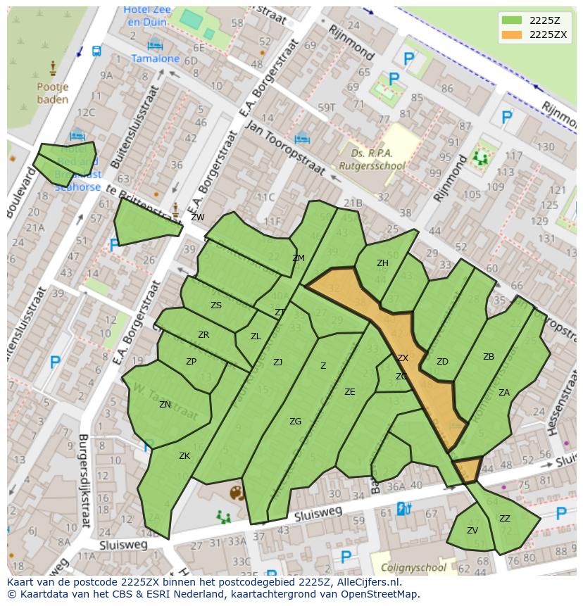 Afbeelding van het postcodegebied 2225 ZX op de kaart.