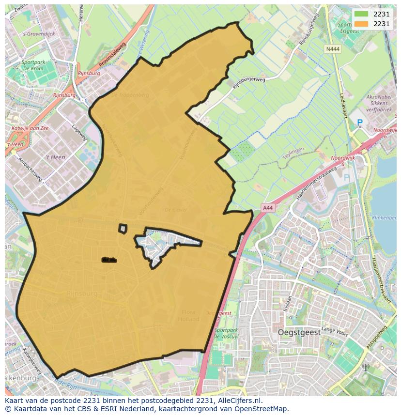 Afbeelding van het postcodegebied 2231 op de kaart.