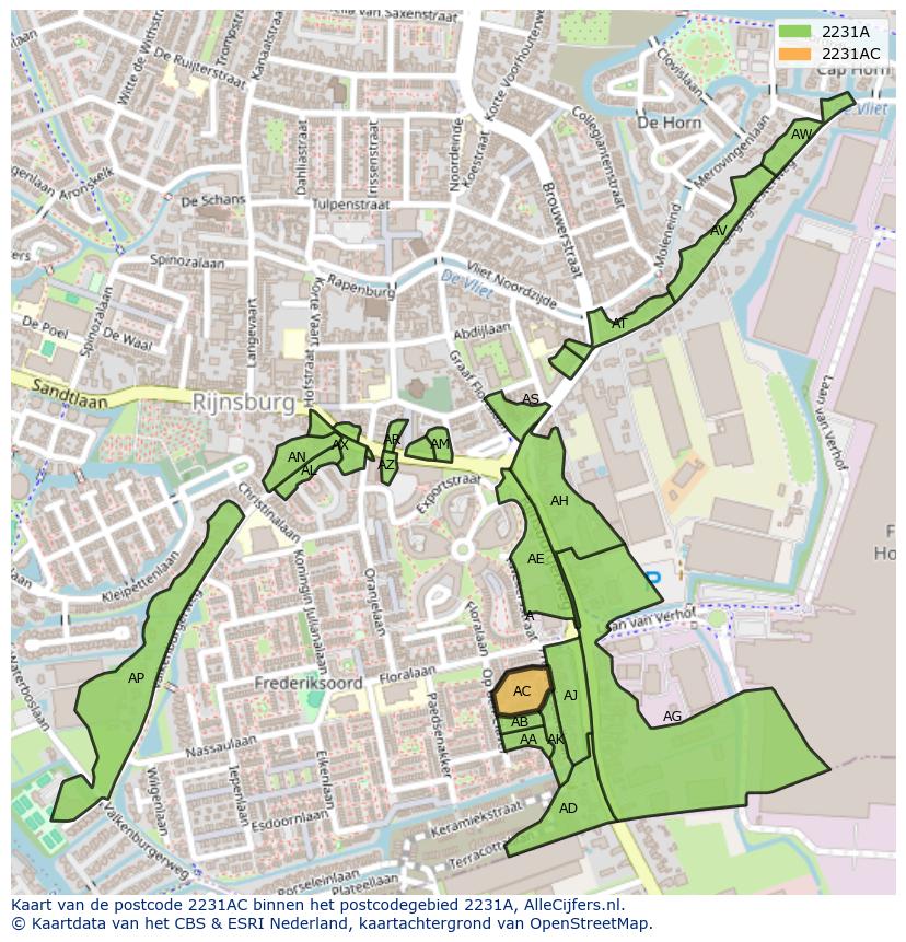 Afbeelding van het postcodegebied 2231 AC op de kaart.